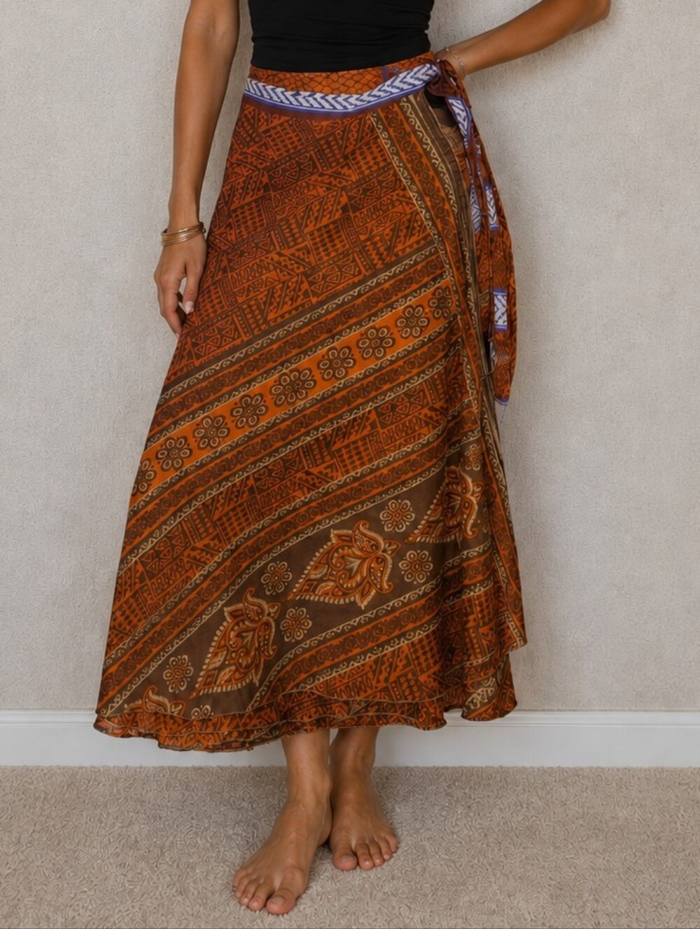 Boho Wrap Midi Skirt in Rust Brown